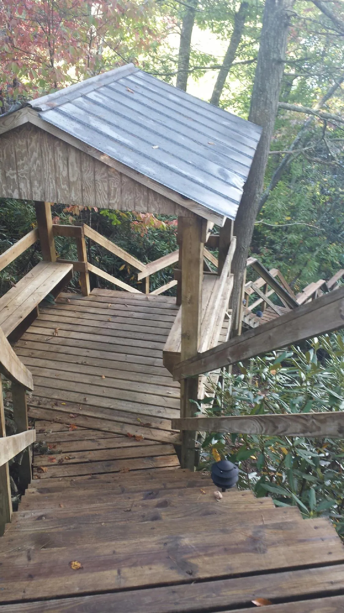 Metal roofed shelter over wooden steps on a wooded walkway — Skylight Repair & Installation work by our crew in Maryville